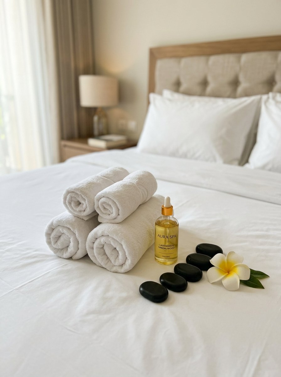 Luxurious mobile massage setup with towels and essential oils
